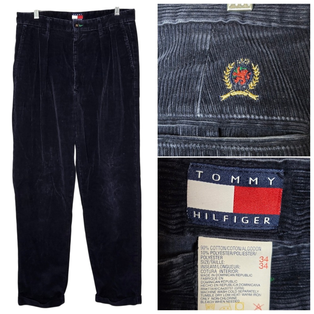 VTG Tommy‎ Hilfiger Pants 34x34 Blue Corduroy Pleated Trousers Cuffed Crest Y2K